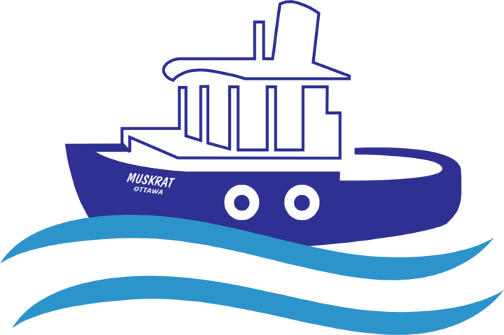 The Muskrat, a blue tug on blue waves, drawn by Kelly