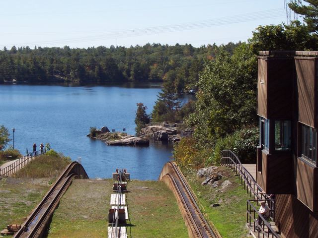 The rails of a marine railway running down to the water