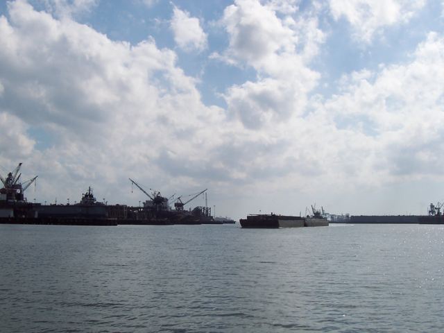 Mobile harbour, ships and barges in the distance