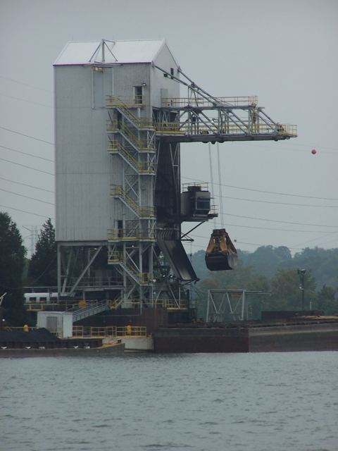 A coal-loading tower on the riverbank